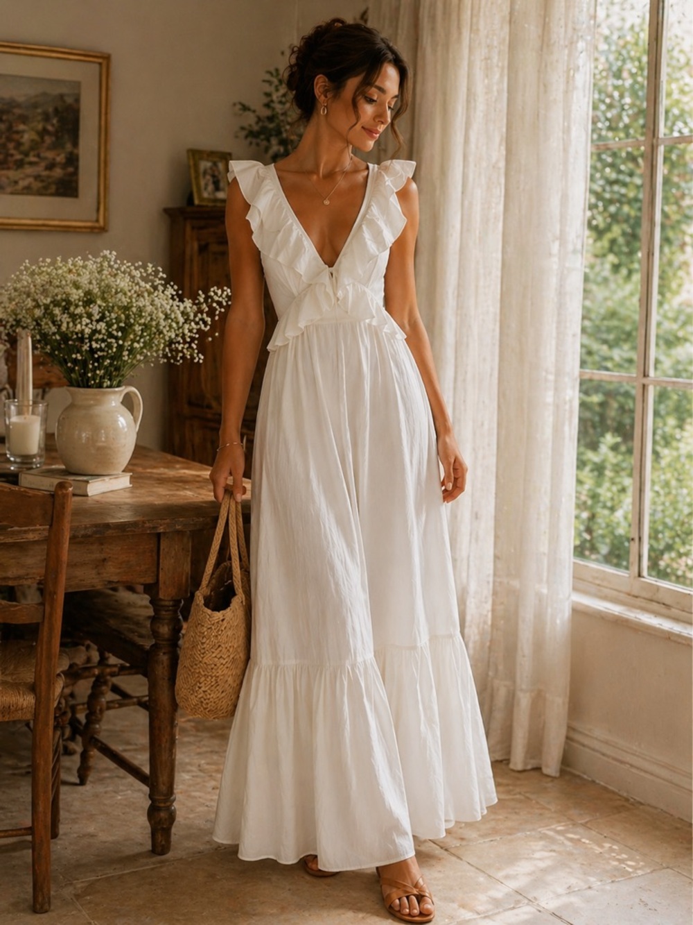 SIR the label White Ruffle V-Neck Maxi Dress
